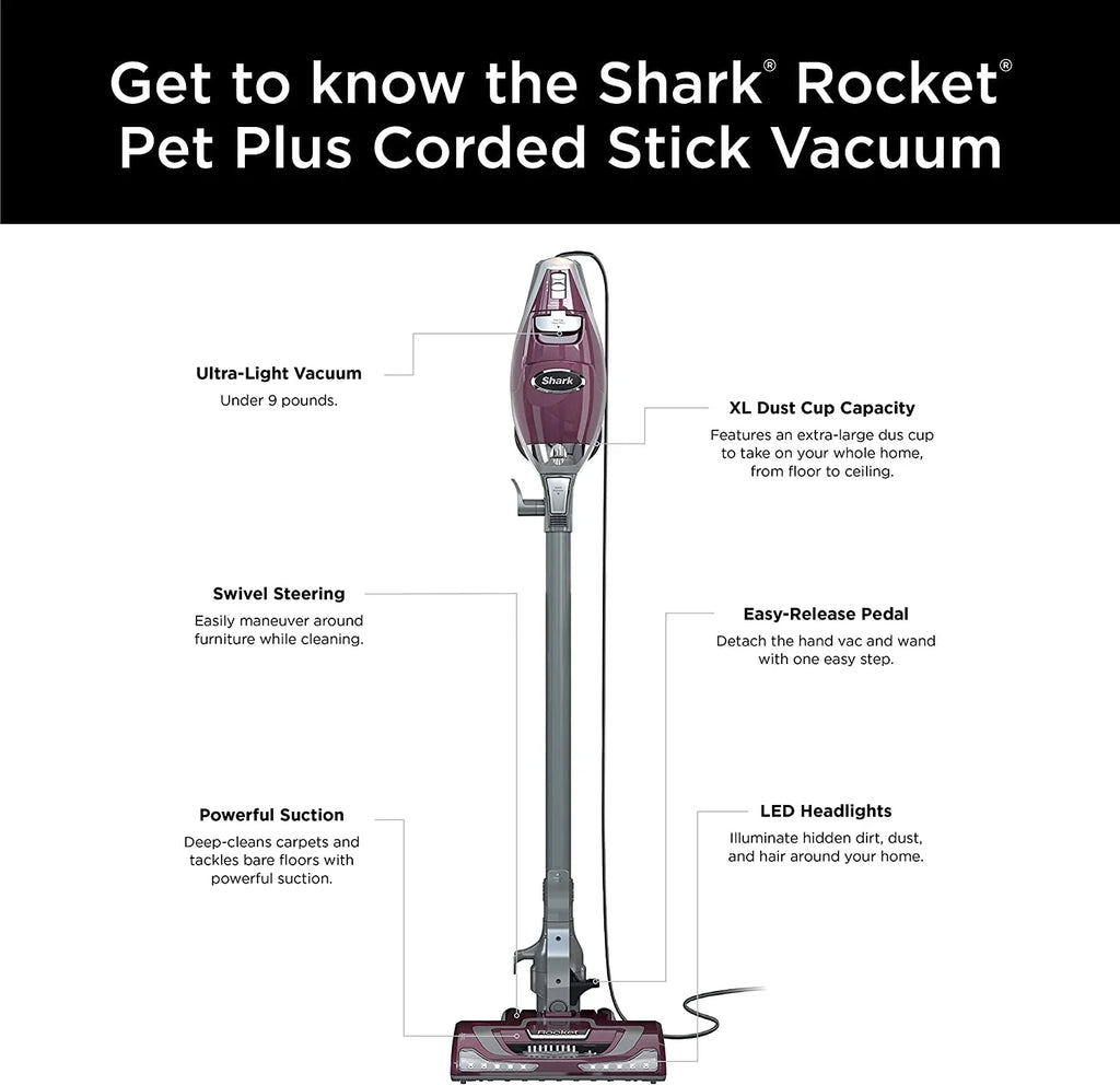 HV322 Rocket Pet Plus Corded Stick Vacuum with LED Headlights, XL Dust Cup, Lightweight, Perfect for Pet Hair Pickup, Converts to a Hand Vacuum, with (2) Pet Attachments, Bordeaux/Silver