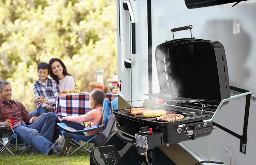 Flame King RV/Trailer Mounted BBQ Grill Motorhome Gas Grill with Bracket System, Black, YSNHT400