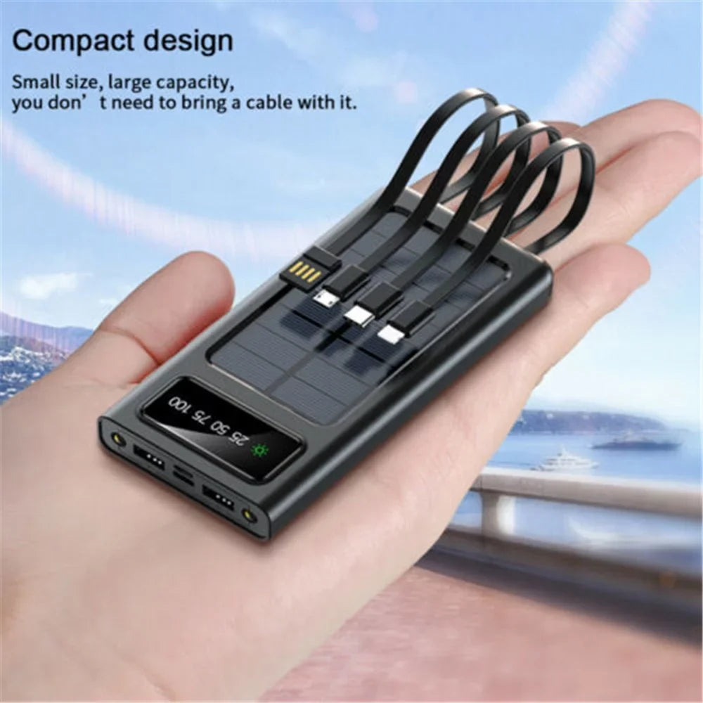 Solar-Charger-Power-Bank - Portable Charger,20000mAh 4 Qi Charger Solar Panel Built-in 3 Kinds Output Cable and LED Flashlights