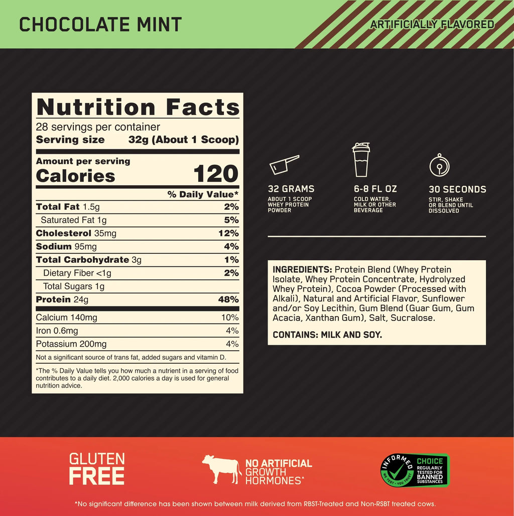 Optimum Nutrition, Gold Standard 100% Whey Protein Powder, 24g Protein, Chocolate Mint, 1.98 lb