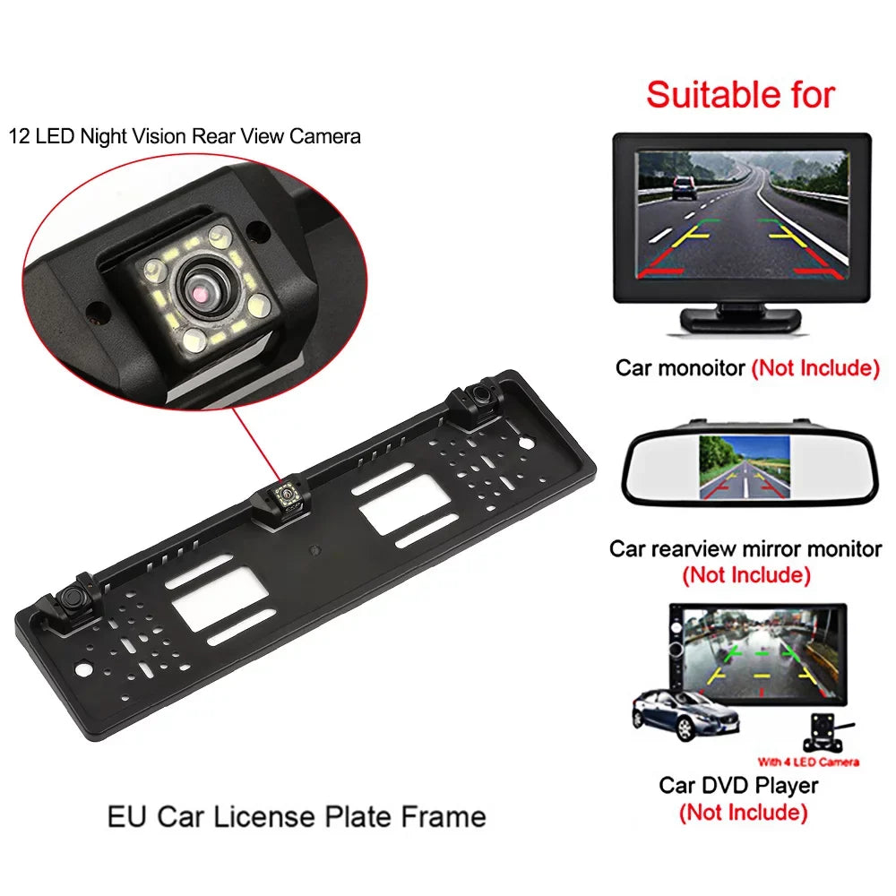 Tomshoo European License Plate Storage Backup Camera, 12 LED Rear View Camera, Car Reversing System, Parking Sensor
