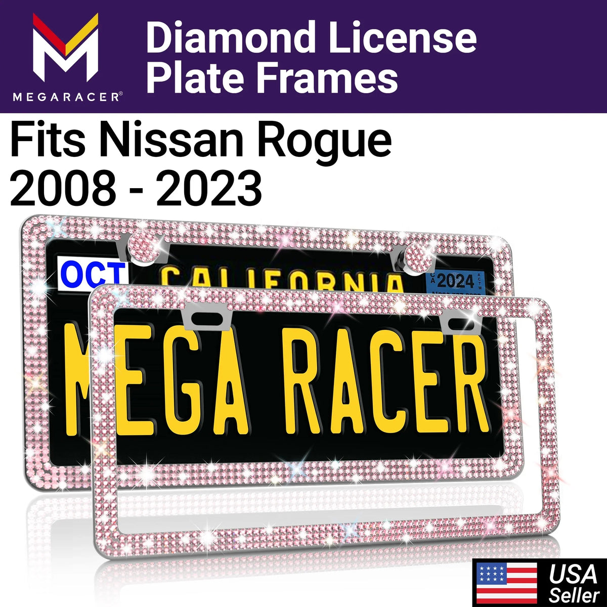 Mega Racer Nissan Rogue Bling License Plate Memory Diamond Pink Rhinestones, 2 Holes with Mounting Screws, Nissan Rogue 2008 - 2023 08 - 23 Sparkly Car License Plate Memory