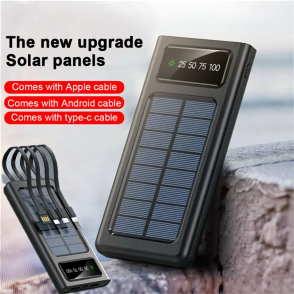 Solar-Charger-Power-Bank - Portable Charger,20000mAh 4 Qi Charger Solar Panel Built-in 3 Kinds Output Cable and LED Flashlights