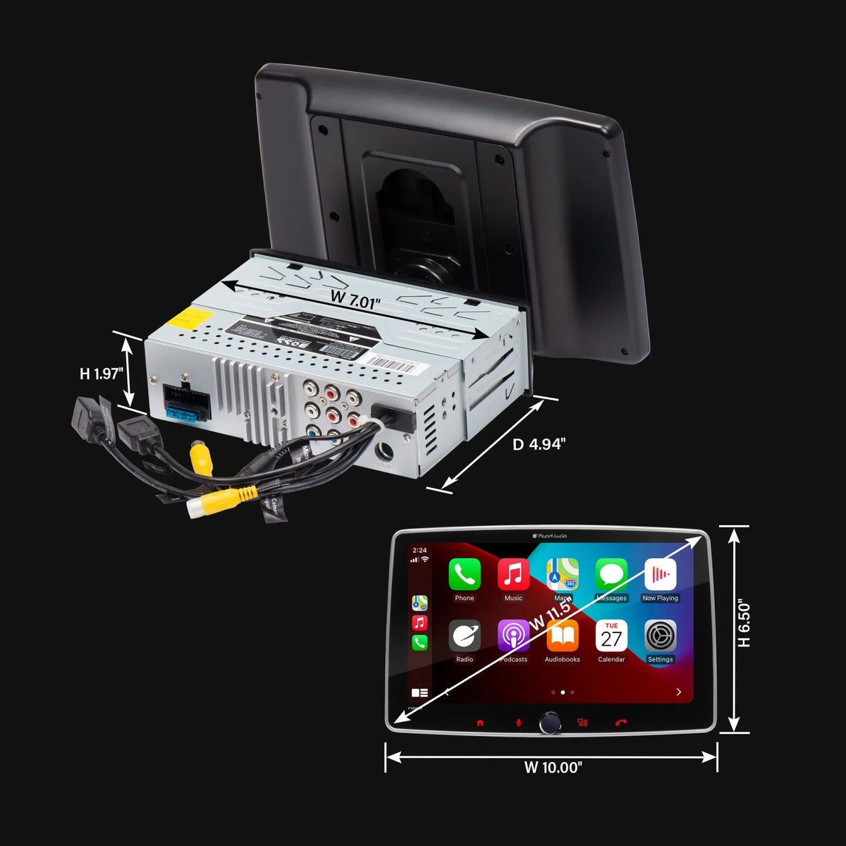 Planet Audio P100CPAC Car Stereo - Apple CarPlay, Android Auto, Single Din, 10.1 Inch Monitor Bluetooth, No CD DVD Player, AM/FM Radio Receiver, Backup Camera