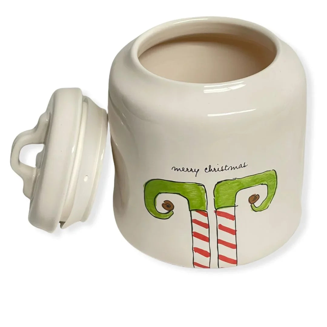 Rae Dunn MERRY CHRISTMAS ELF White Storage LL Canister With Black Letters