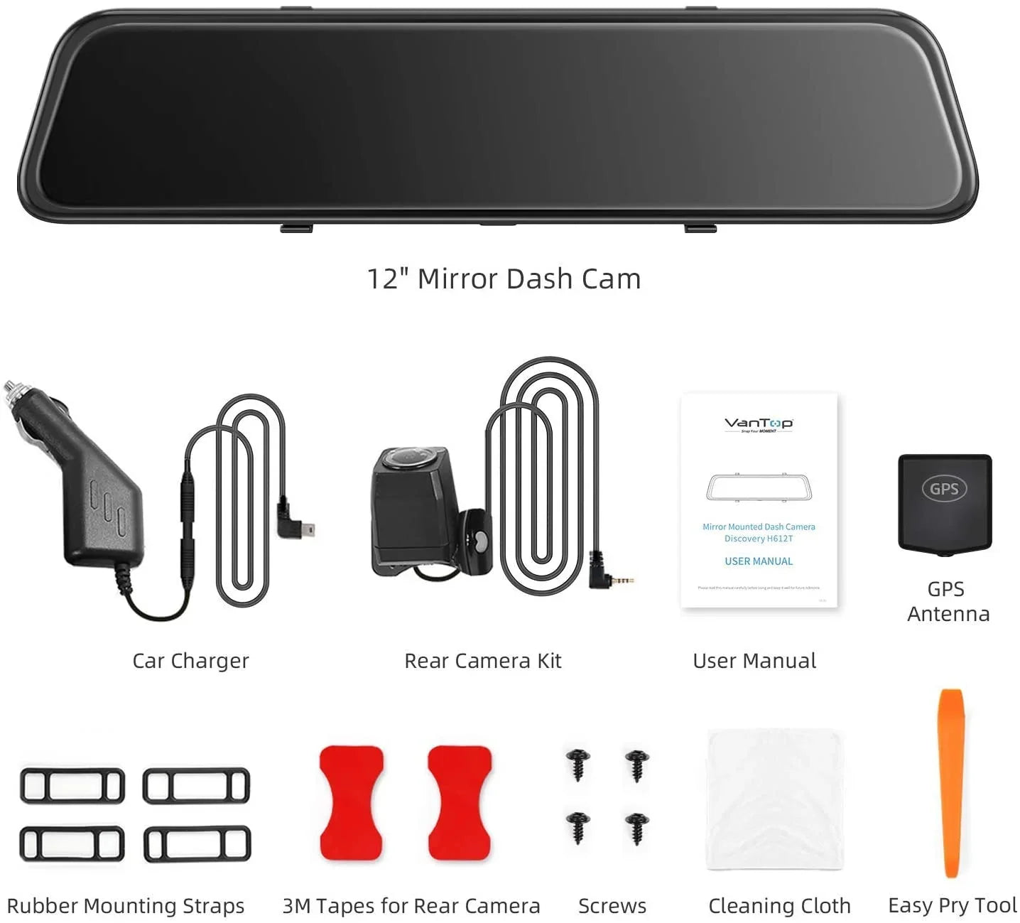 4K 12" Mirror Dash Cam - Vantop H612T Front & Rear View Dash Camera, IPS Touch Panel Voice Control Cars Mirror Camera W/Night Vision Parking Monitor