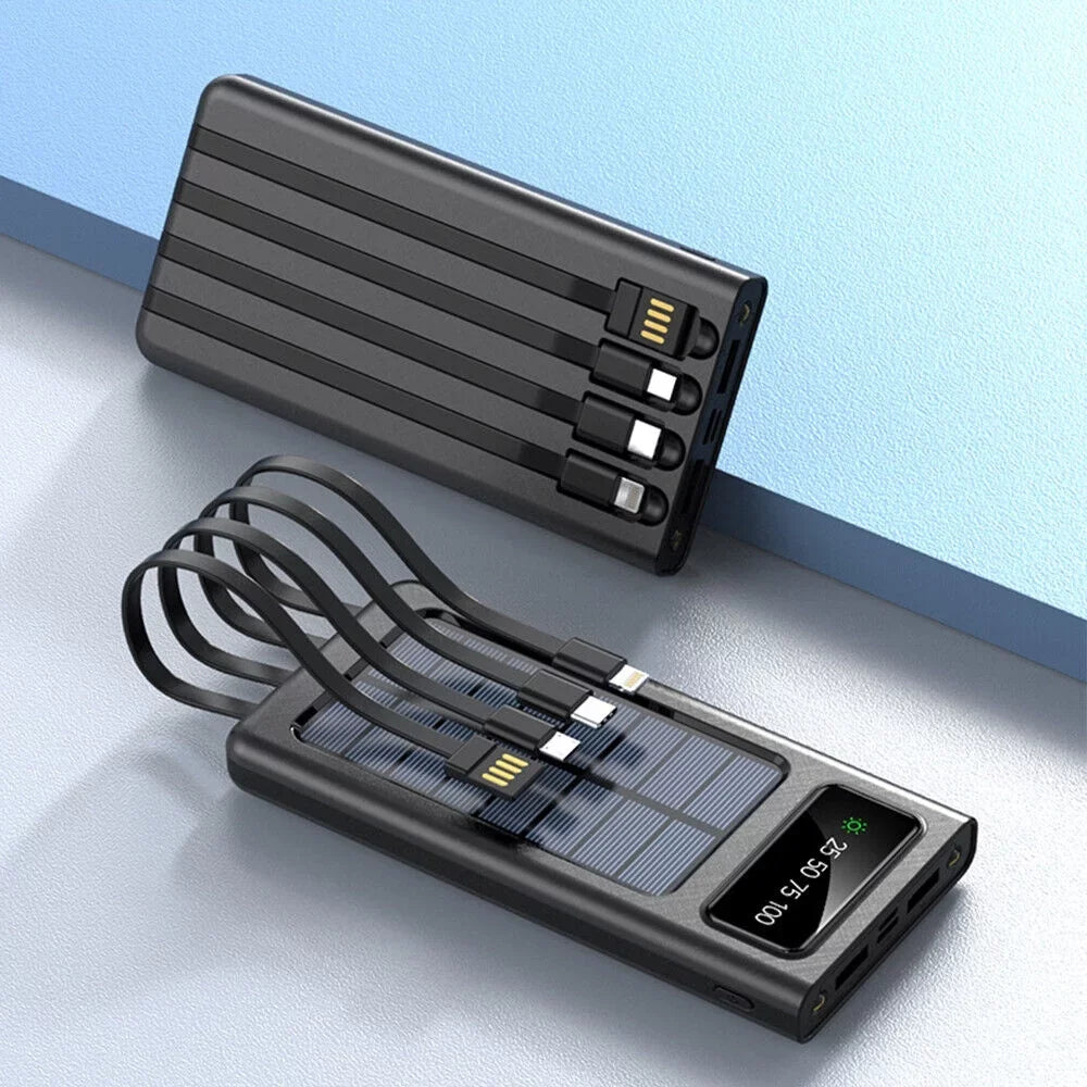 Solar-Charger-Power-Bank - Portable Charger,20000mAh 4 Qi Charger Solar Panel Built-in 3 Kinds Output Cable and LED Flashlights