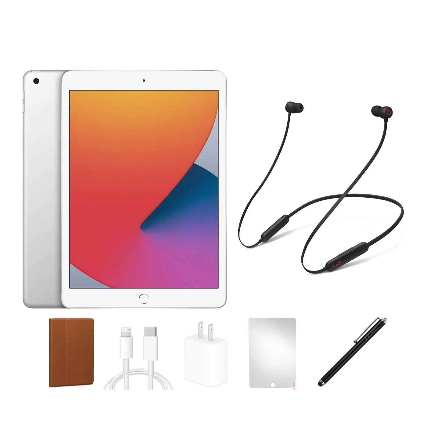 Refurbished Apple iPad 8 (8th Gen, 2020) 32GB, Silver, Wi-Fi only, Beats Bundle. BUNDLE INCLUDES: iPad Beats Flex Headphones, Case, Display Protector, stylus pen, charging accessories.