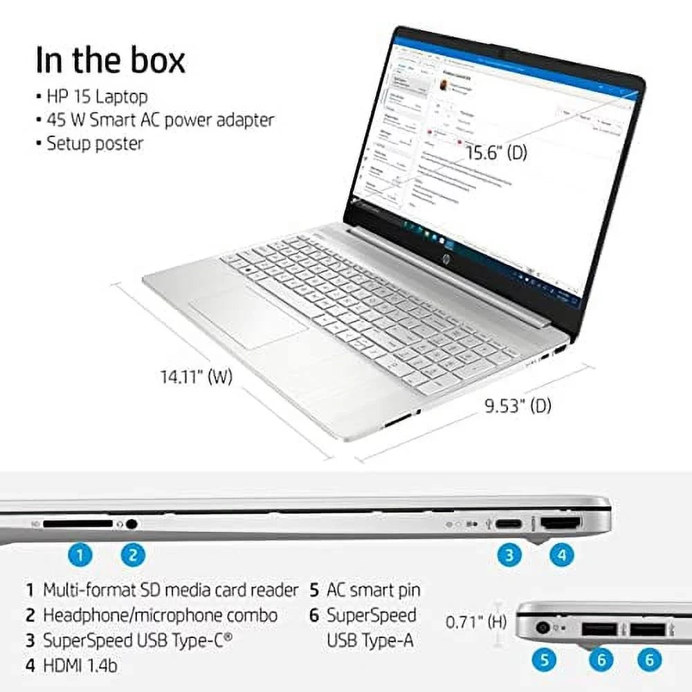 HP 2022 15.6" FHD Micro-Ege Display PC 11th Gen Heart -1135G7 12GB DDR4 Random Access Memory 256GB NVMe Solid State Drive Iris Xe Graphics Webcam HDMI WiFi AC BT USB-C Silver Windows 10 Pro w/RE USB Drive