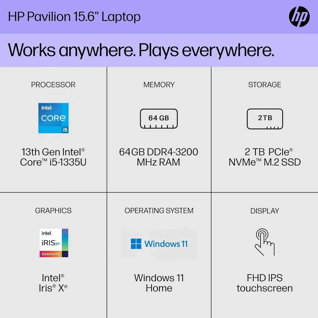 HP Pavilion Business , 15.6" FHD Monitor 13th Gen Central Unit -1335U(Beats i7-1270P), 16GB Random Access Memory 512GB Solid Storage Iris Xe Graphic, Backlit KB, WiFi 6, Win 11, with Cefesfy Cleaning Brush
