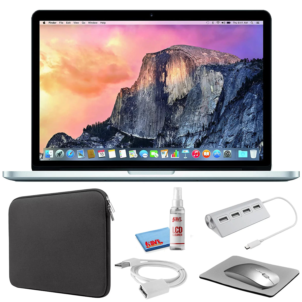 Apple MacBook Pro 13-inch ( 2.9GHz, 512GB Solid Storage (Early 2015, MF841LL/A) - Silver Bundle with Black Zipper Sleeve + Starter Kit + Cleaning Kit (Refurbished)