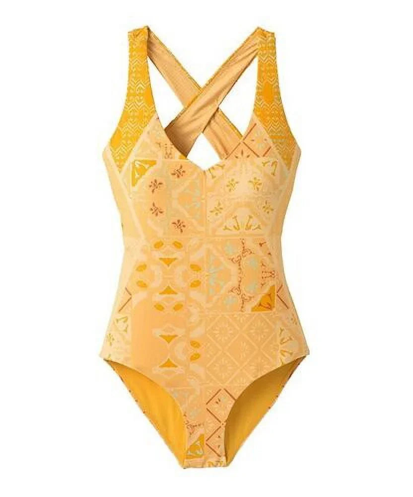 prAna Ella Size Small (S) High Triangle V-Neck Cross Back One Piece Amber Lisbon