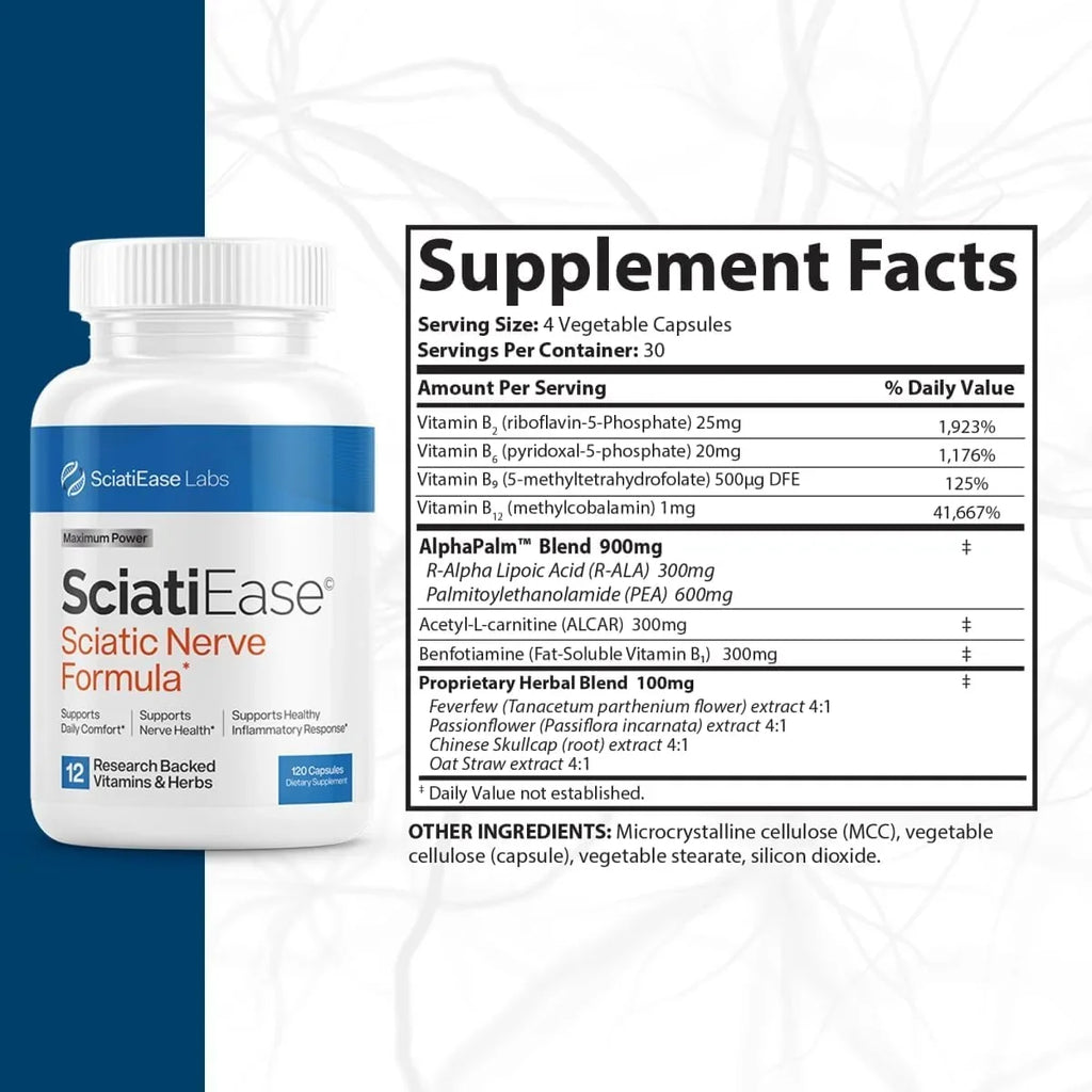 SciatiEase Sciatic Nerve Health Support - Supplement with AlphaPalm, Pea, Vitamin B Complex, Alpha Lipoic Acid 300mg - 120 Capsules - Nerve Support Formula
