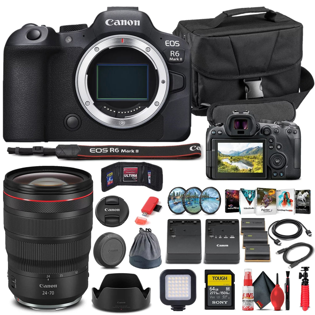Canon EOS R6 Mark II Mirrorless Camera (5666C002) + Canon RF 24-70mm Lens + 64GB Memory Card + Case + Processor Photo Software + 2 x LPE6 Power Unit + External Charger + Card Reader + More