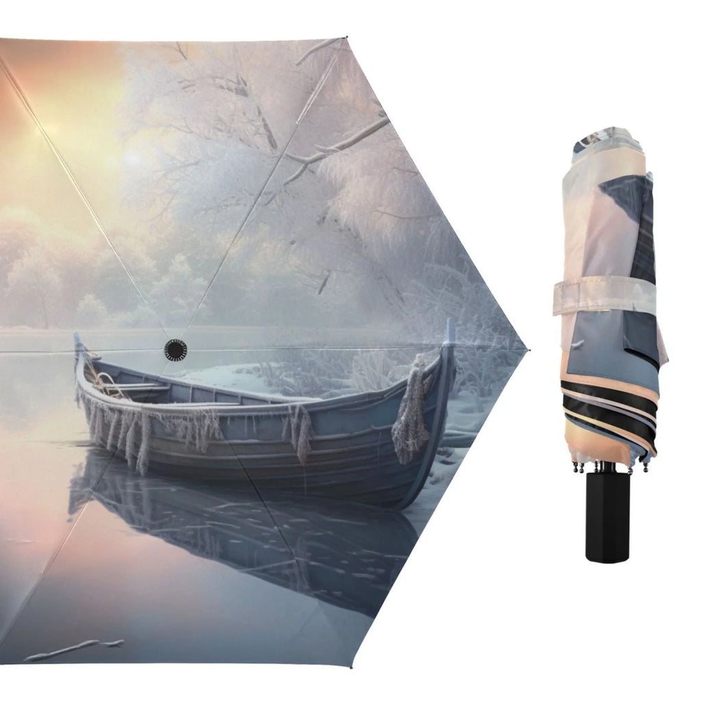 Winter Snow with Boat Compact Folding Umbrella for Rain Windproof Travel Umbrella UPF 50+ Lightweight Packable Arc Size