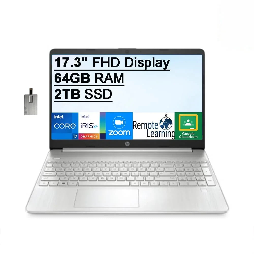 HP 2021 17.3" FHD IPS Computer, 11th Generation Heart i7-1165G7, 64GB Memory 2TB PCIe Solid Storage Backlit Keyboard, Iris Xe Graphics, HD Webcam, HD Audio, Windows OS, Silver, 32GB USB Card