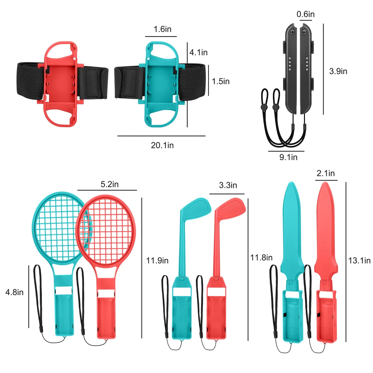 TSV 10-in-1 Switch Sports Games Accessories Kit for Nintendo Switch/OLED, Family Accessories Kit with Tennis Racket, Swords, Golf Clubs Grip, Bowling Grip, Leg/Wrist Strap