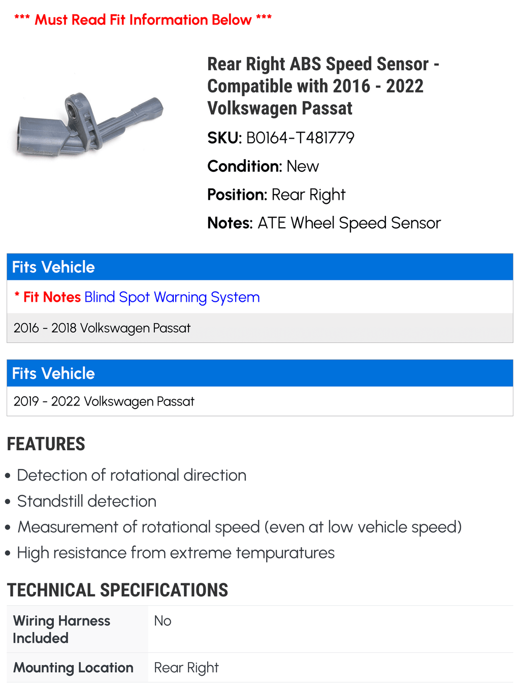 Rear Right ABS Speed Sensor - Compatible with 2016 - 2022 Volkswagen Passat 2017 2018 2019 2020 2021