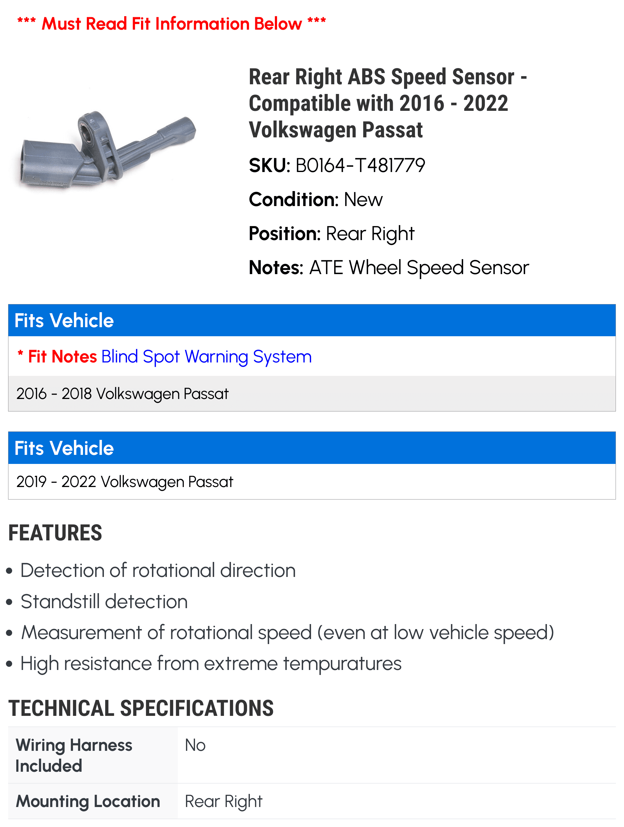 Rear Right ABS Speed Sensor - Compatible with 2016 - 2022 Volkswagen Passat 2017 2018 2019 2020 2021