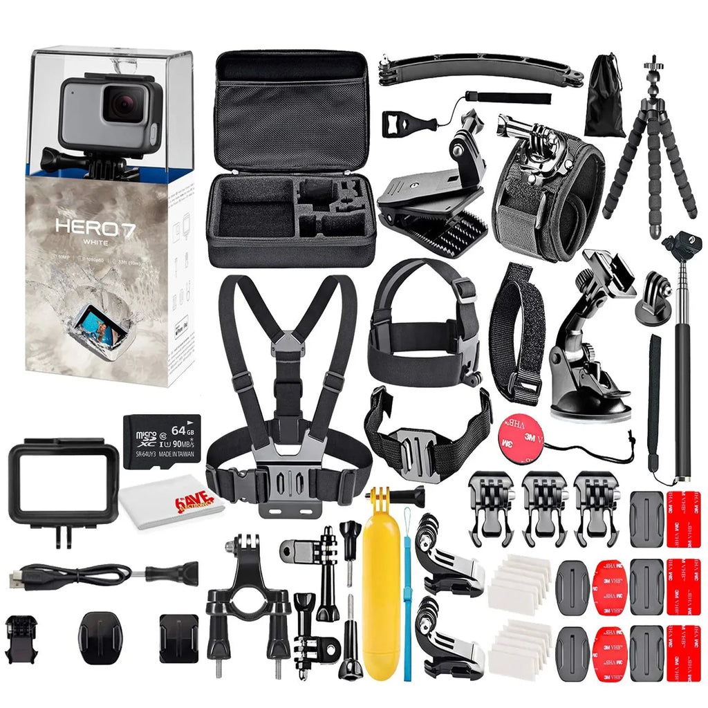 GoPro HERO7 White - Waterproof Action Camera with Touch Display Full HD Video, 10MP Photos, and Stabilization - with 64GB Micro Sd Card and 50 Piece Accessory Kit - Fully Loaded Bundle