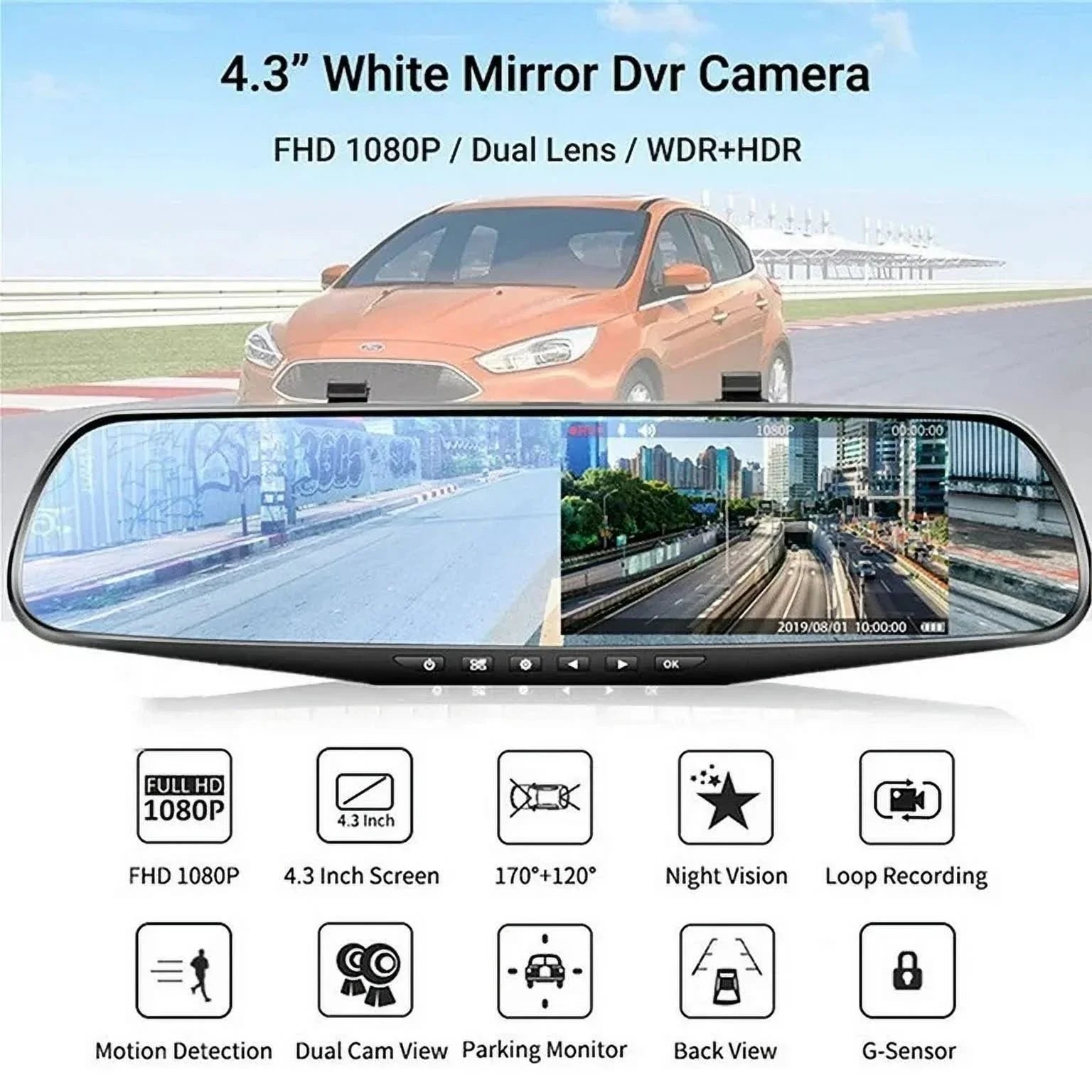 1 Pack 1080P Rearview Mirror Car Camera 4.3" Dash Cam for Cars Trucks,170°Wide Angle Lens Car Cam Front Rear DVR Monitor, Night Vision,Parking Monitor,Motion Detection,G-sensor
