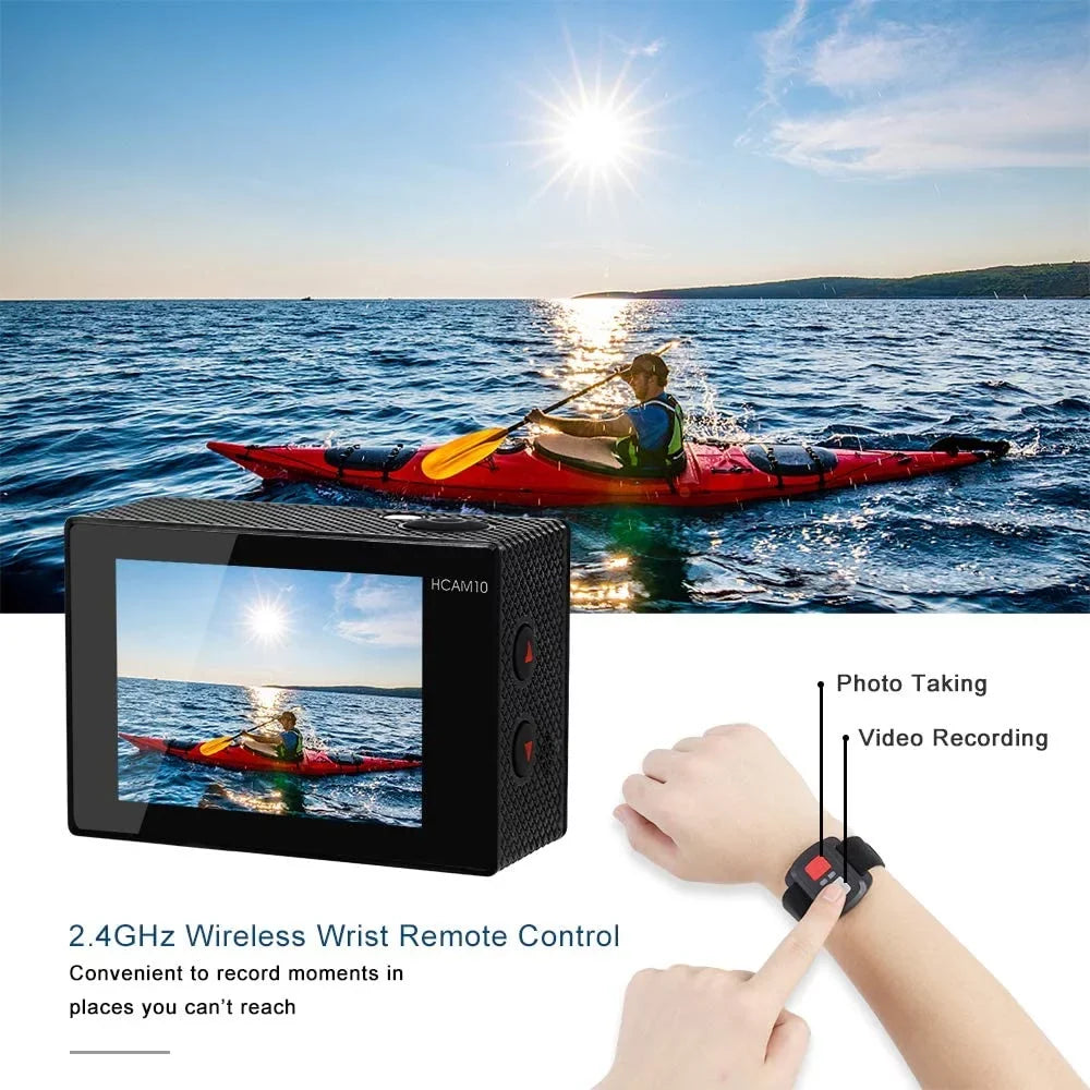 Video Action Camera 4K with Wide Angle Lens HD WiFi Underwater Camera with Waterproof Case Remote Outdoor Sports Camera for Vlog with Accessories Mount Kit Energy Source Charger