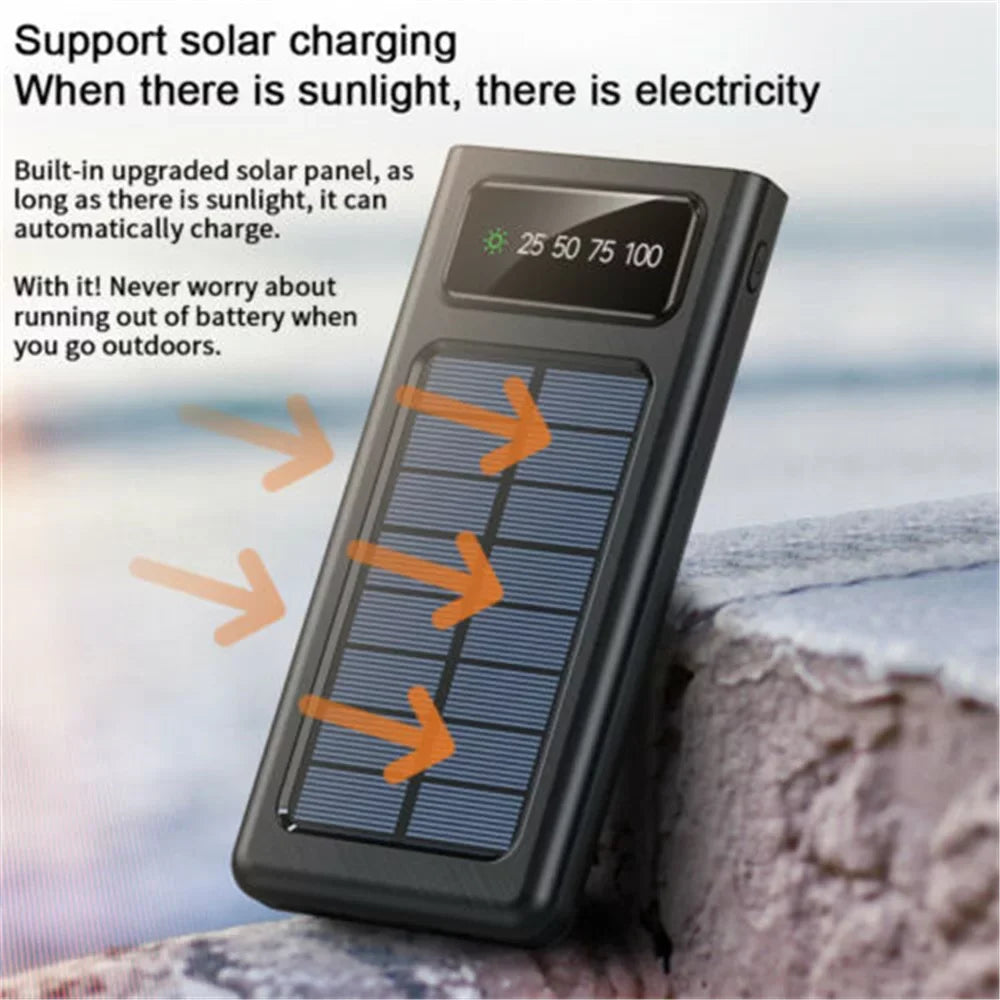 Solar-Charger-Power-Bank - Portable Charger,20000mAh 4 Qi Charger Solar Panel Built-in 3 Kinds Output Cable and LED Flashlights