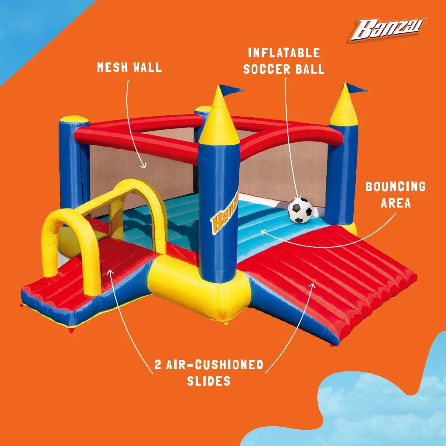 Banzai Slide N’ Fun Complete Bounce House Set with 2 Slides and Air Blower