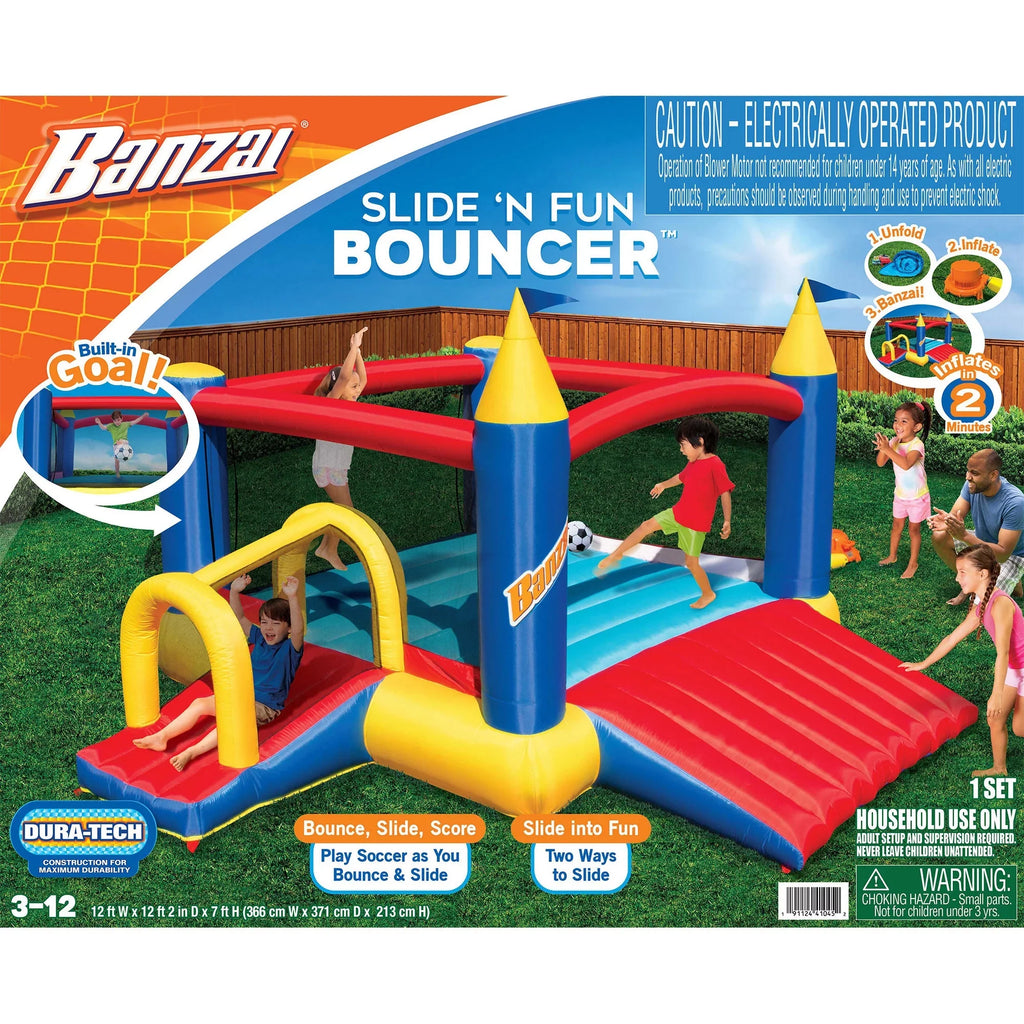 Banzai Slide N’ Fun Complete Bounce House Set with 2 Slides and Air Blower