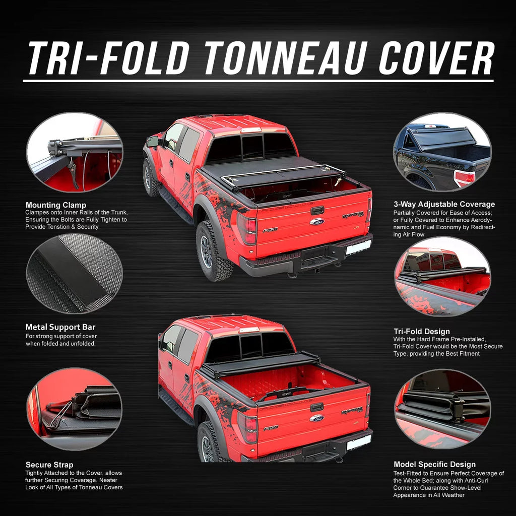 DNA Motoring TTC-TRISOFT-018 For 2009 to 2021 Random Access Memory Truck 1500 5.7' Bed Fleetside Tri -Fold Adjustable Soft Top Trunk Tonneau Cover