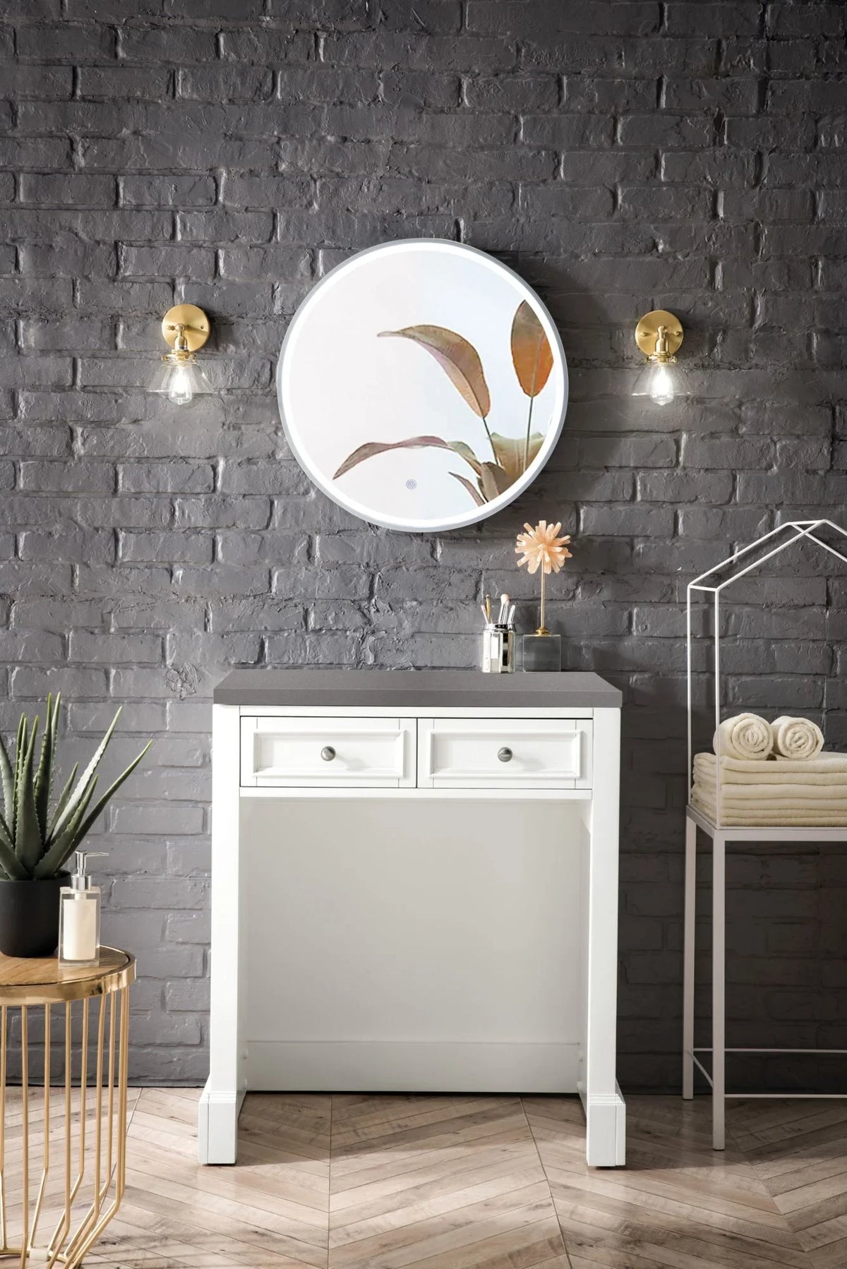 James Martin Furniture 30 in. De Soto Makeup Countertop Unit with 3 CM Grey Expo Quartz Top, Bright White