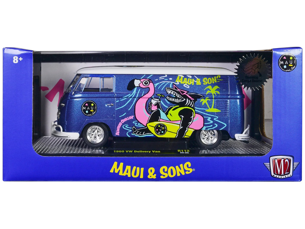 1960 Volkswagen Delivery Van Blue Metallic w/White Top "Maui and Sons" Ltd Ed to 6550 pcs 1/24 Diecast Model Car by M2 Machines