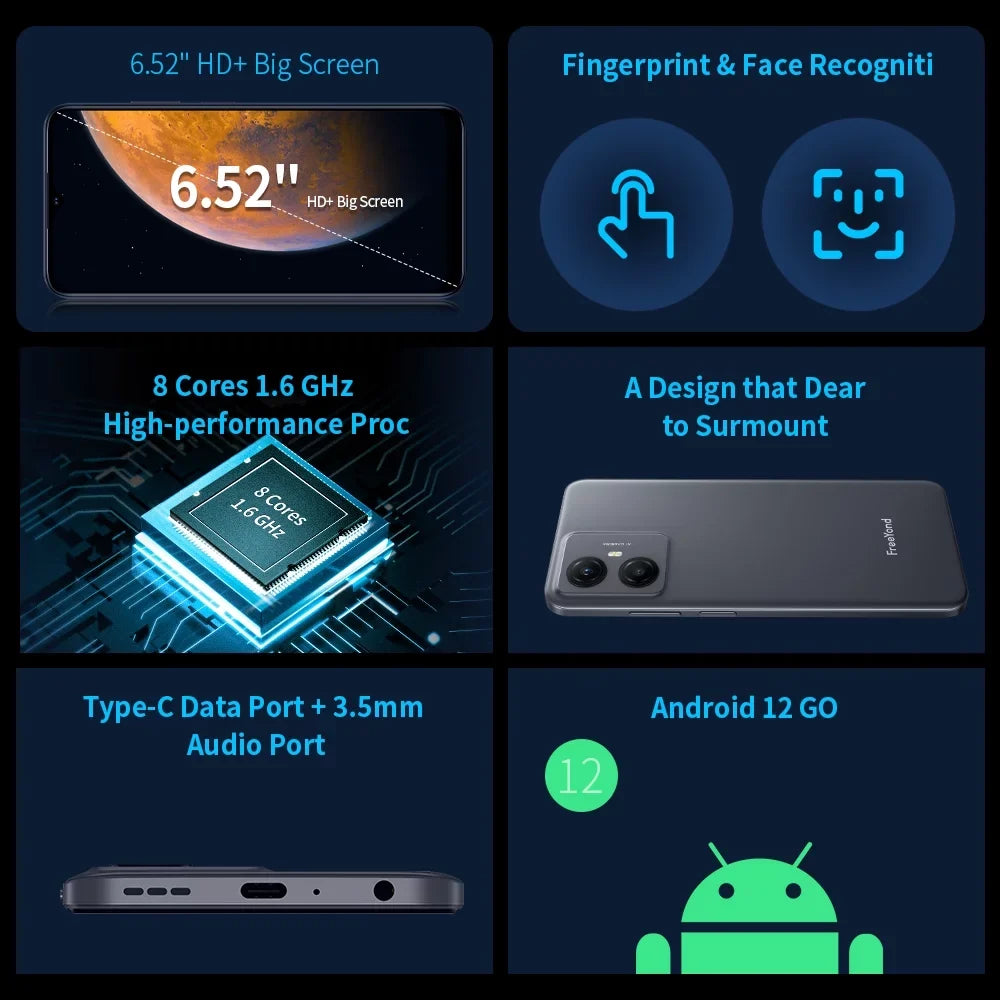 FreeYond F9 Smartphone, HD+6.52" Display Sim, Power Unit 5000 MAh, 64GB/128GB Rom, Real Camera 13+8MP With 2MP Macro