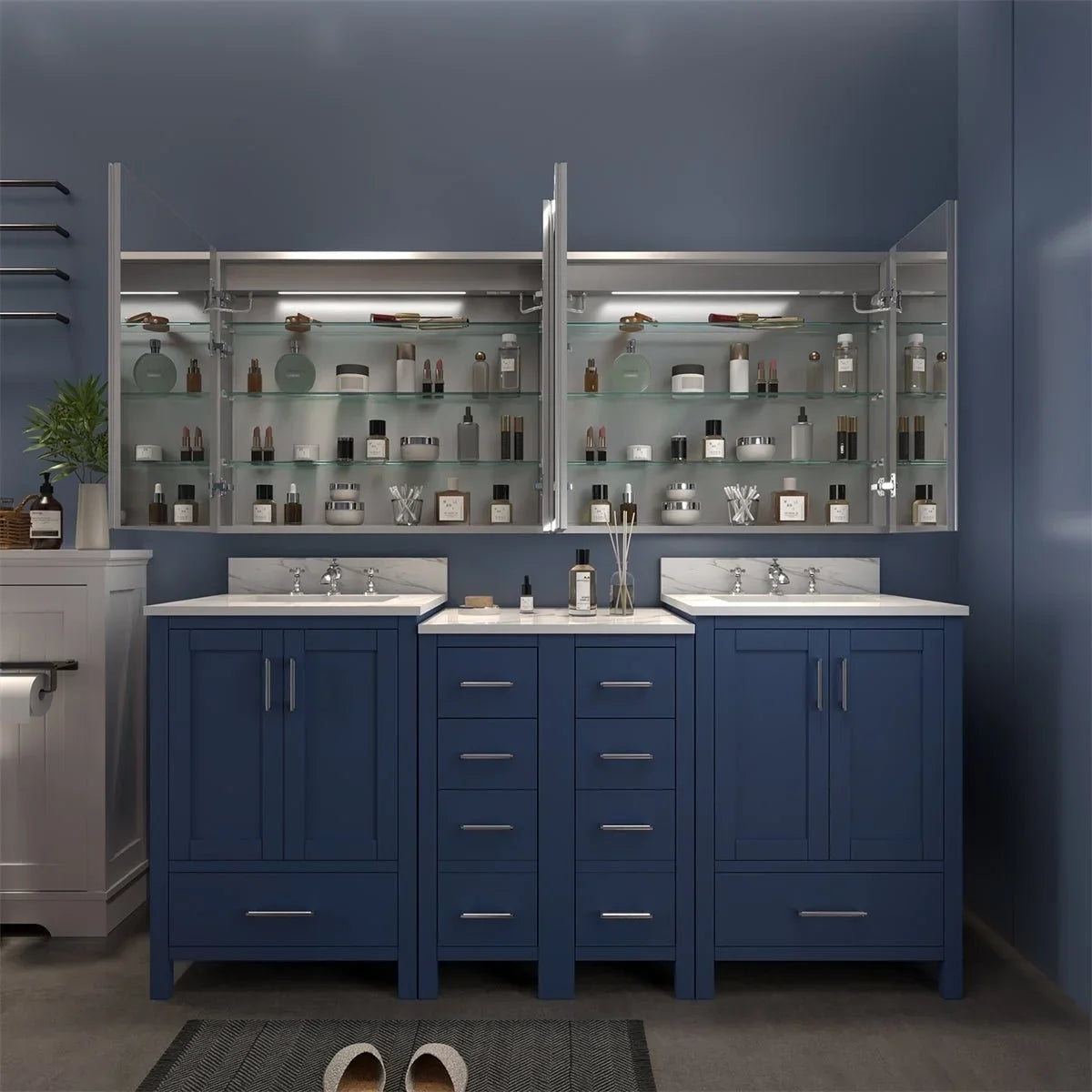 Rim 72" W x 32" H Lighted Medicine Cabinet Recessed or Surface led Medicine Cabinet with Outlets and USBs