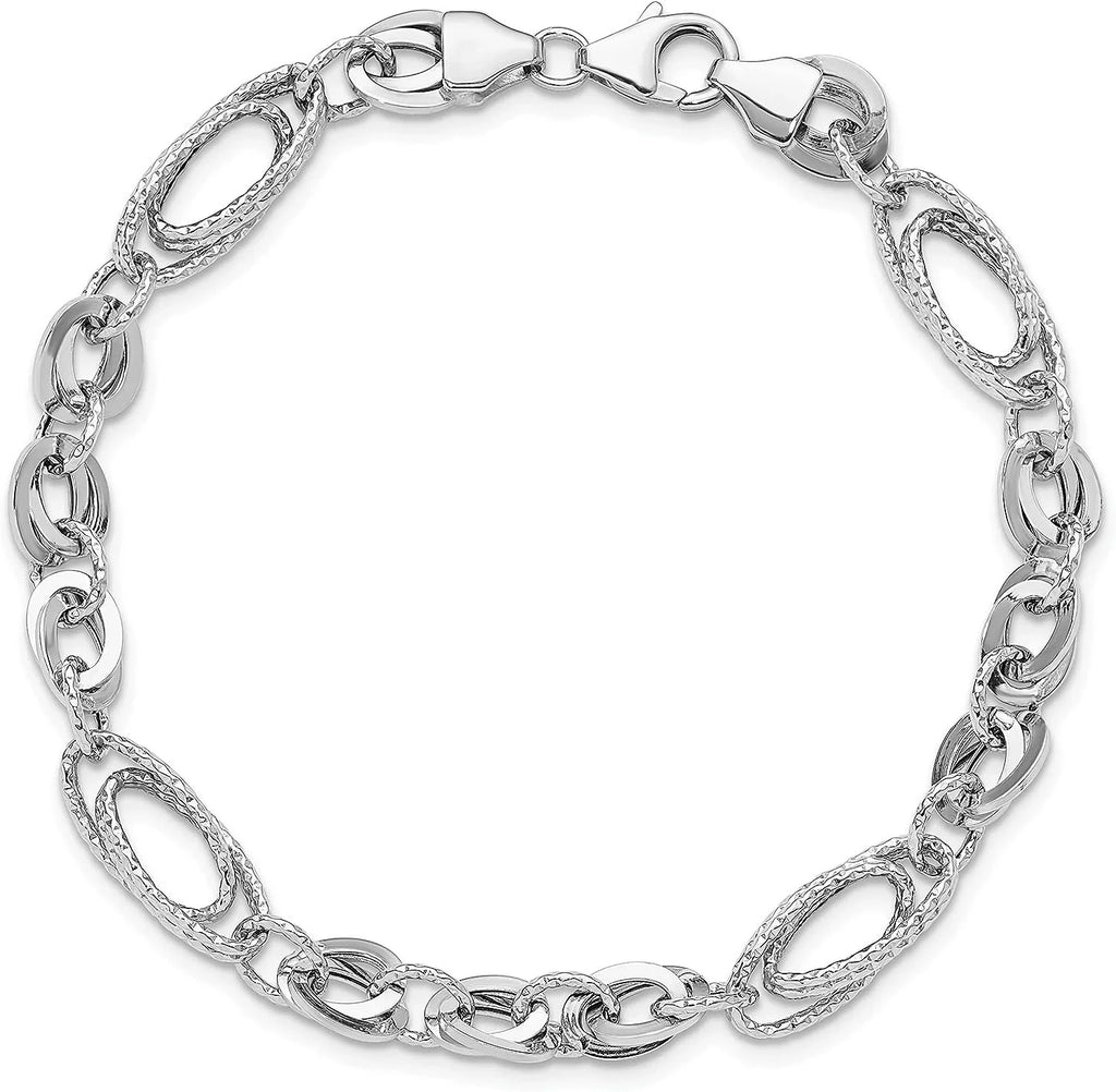 Avariah Diamonds Gold 14k White Polished & Textured Oval Fancy Link Bracelet - 7.75"- Made In Italy