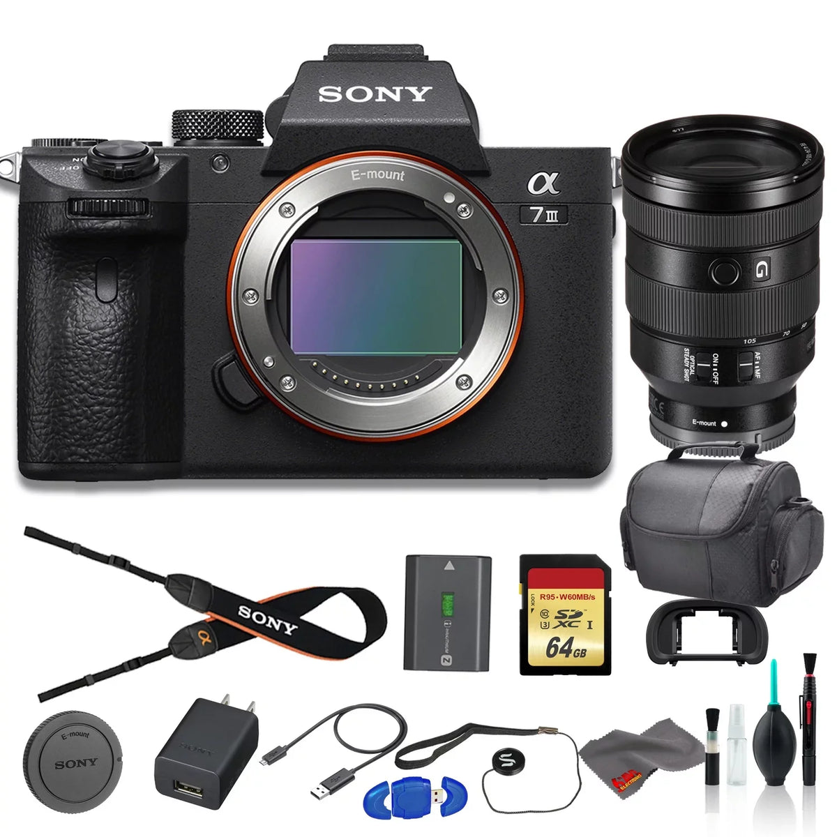 Sony Alpha a7 III Mirrorless Digital Camera Bundle - With Sony FE 24-105mm f/4 Lens, Bag, 64GB Memory Card, Memory Card Reader and More
