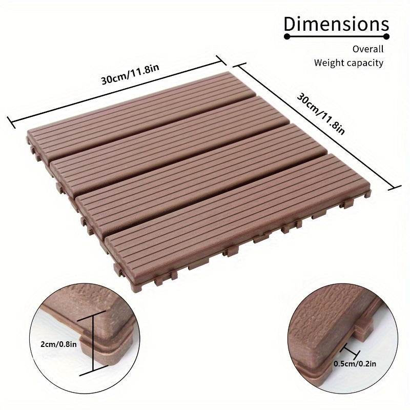 44 PCS Plastic Interlocking Deck Tiles-11.8"x11.8"Waterproof Outdoor Floor All Weather Use,Patio Floor Decking Tiles for Porch Poolside Balcony Backyard,Stripe Texture,Brown