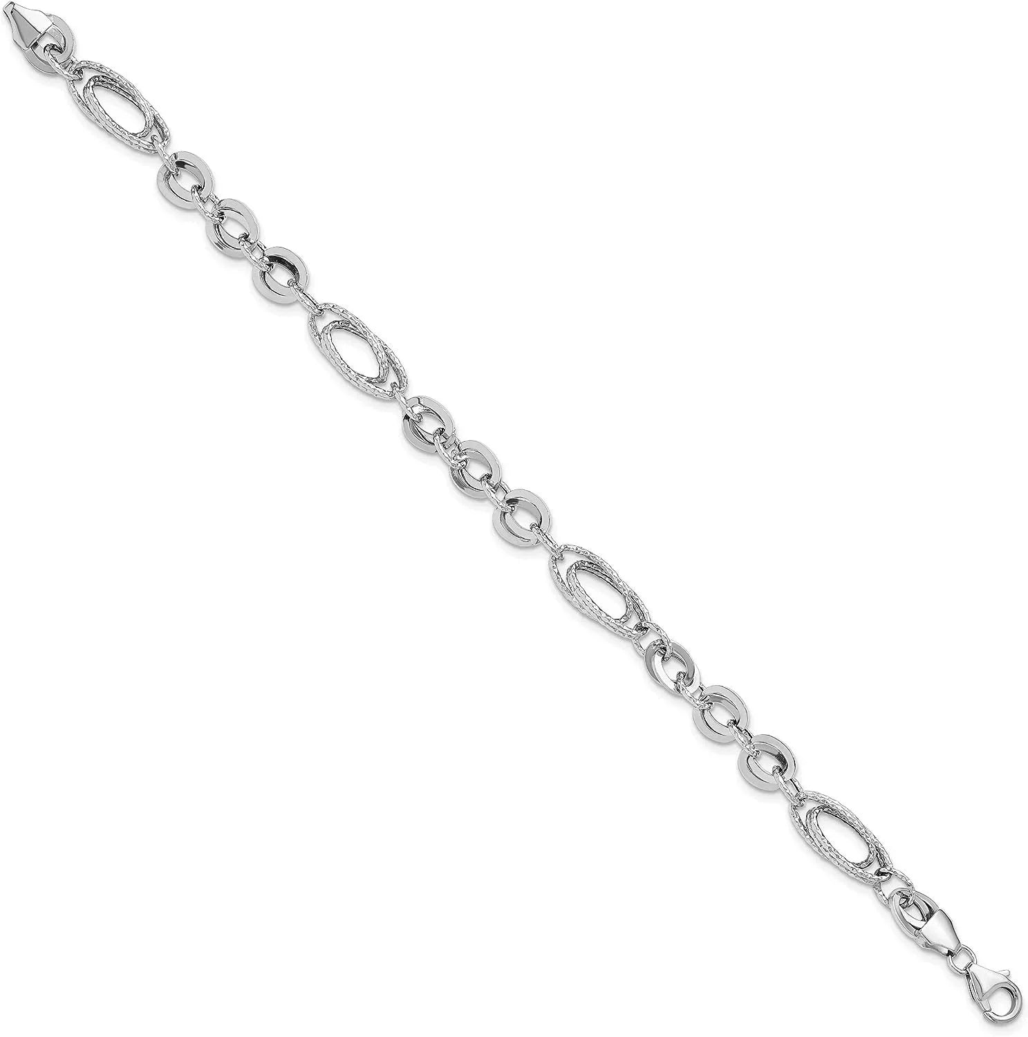 Avariah Diamonds Gold 14k White Polished & Textured Oval Fancy Link Bracelet - 7.75"- Made In Italy