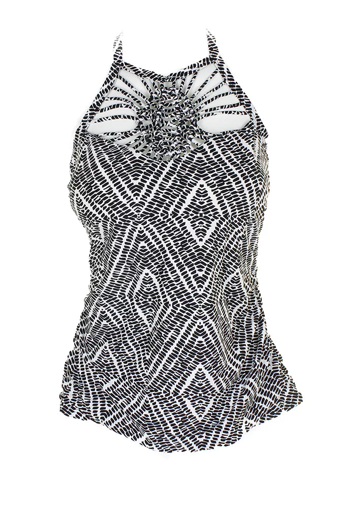 Island Escape Black White Diamond Bay High-Neck Storage Tankini Top 12