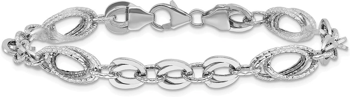 Avariah Diamonds Gold 14k White Polished & Textured Oval Fancy Link Bracelet - 7.75"- Made In Italy