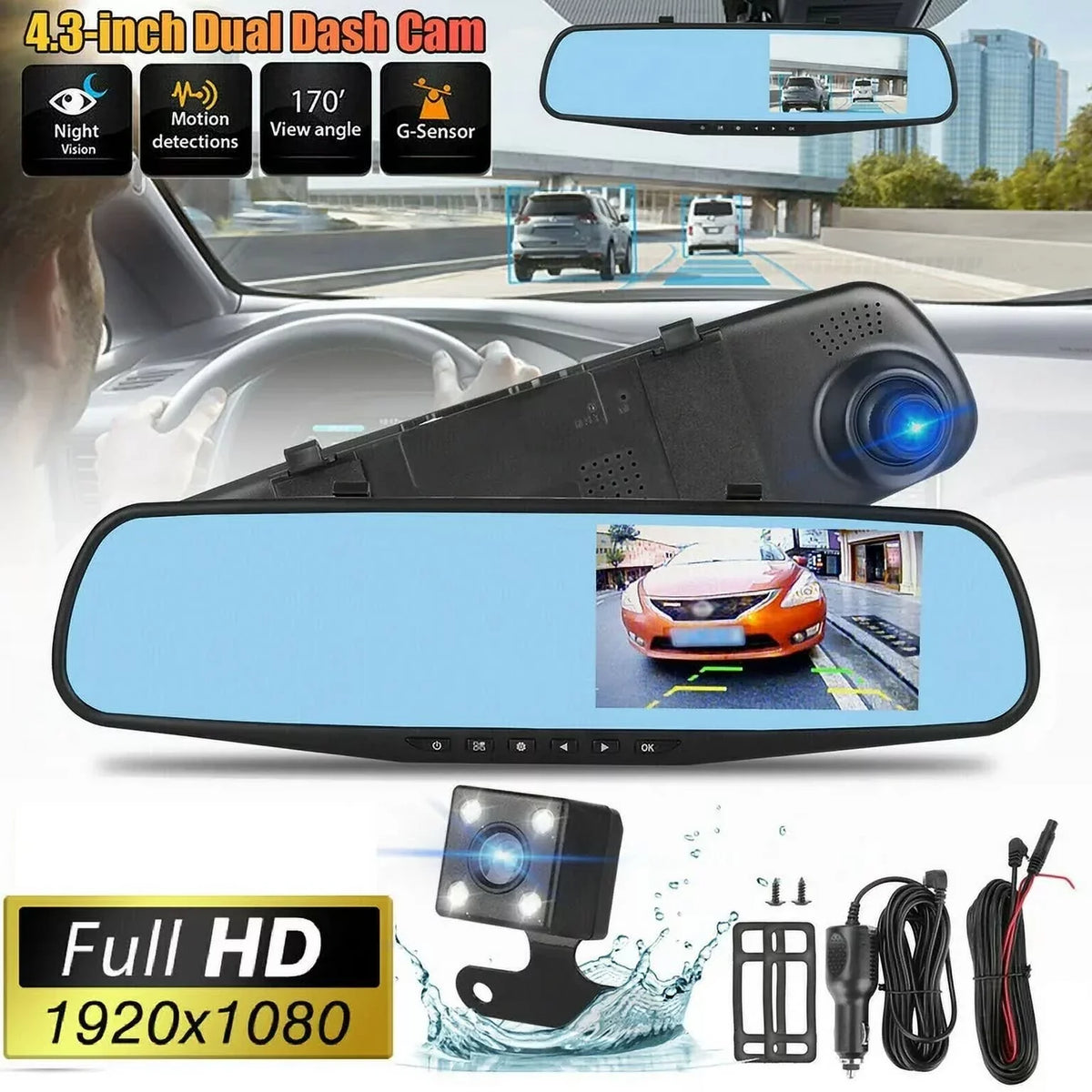 1 Pack 1080P Rearview Mirror Car Camera 4.3" Dash Cam for Cars Trucks,170°Wide Angle Lens Car Cam Front Rear DVR Monitor, Night Vision,Parking Monitor,Motion Detection,G-sensor