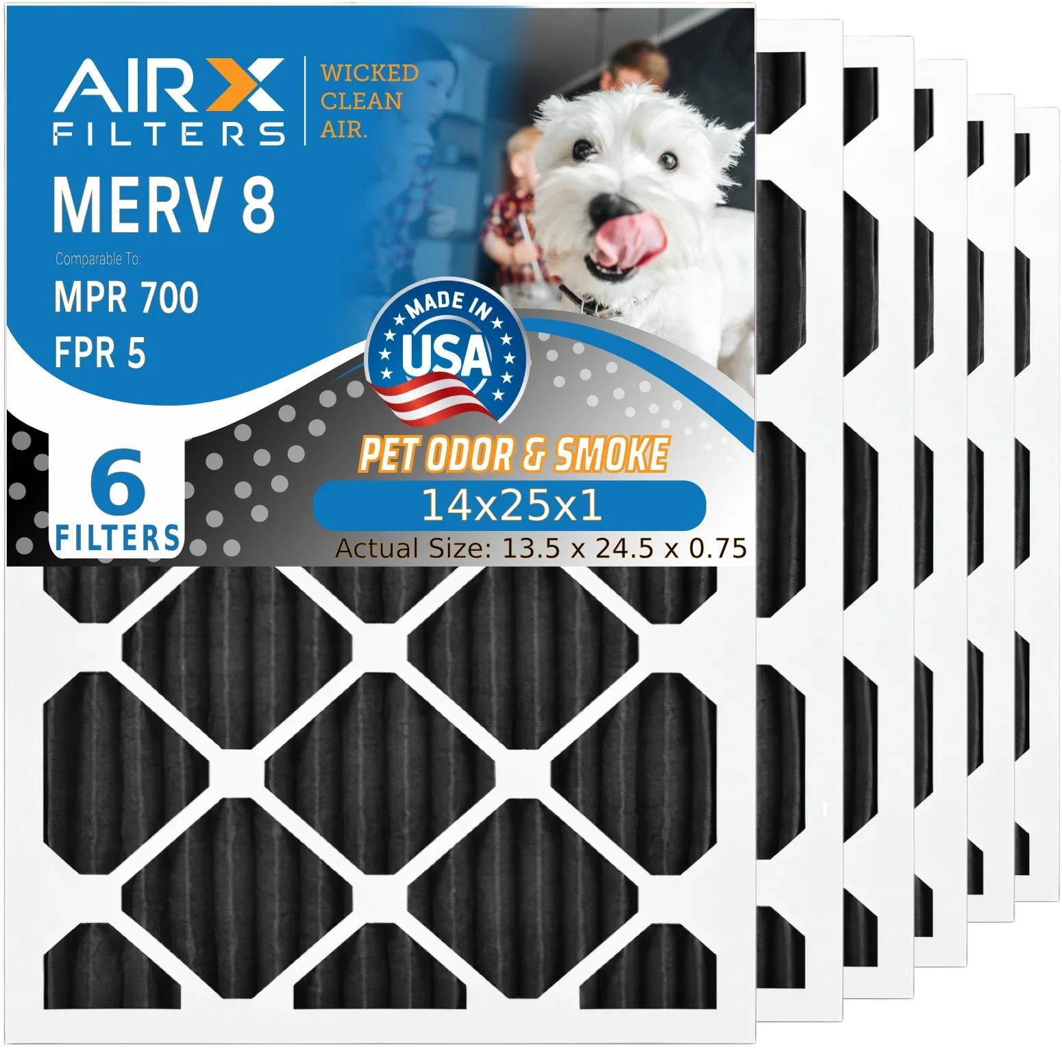 14x25x1 Air Filter Odor Eliminator Carbon Filter MERV 8 Comparable to MPR 700 & FPR 5 AC HVAC Premium USA Made 14x25x1 Furnace Filters by AIRX FILTERS WICKED CLEAN AIR. 6 Pack
