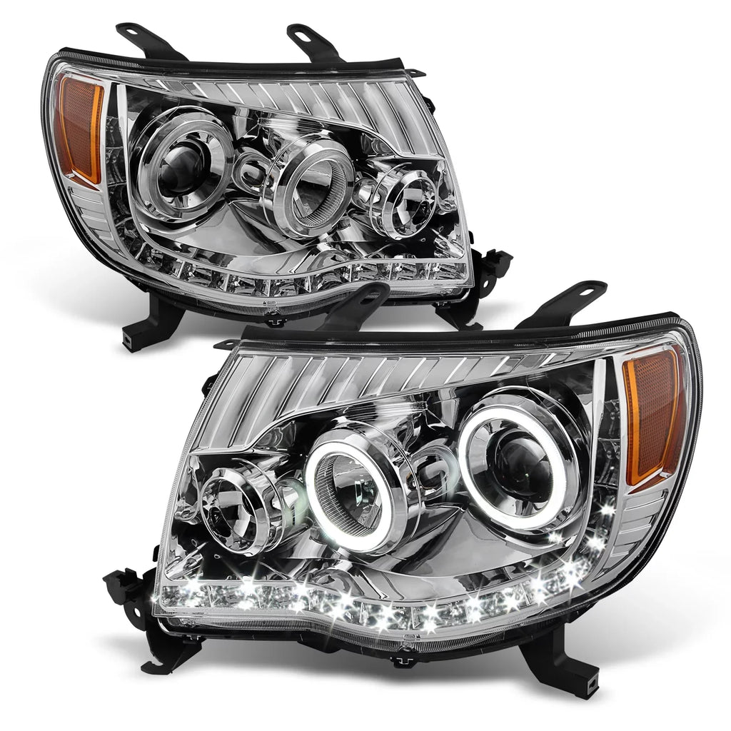 AKKON - For Toyota Tacoma Chrome Clear Halo Ring DRL Daylight LED Projector Headlights Replacement Pair
