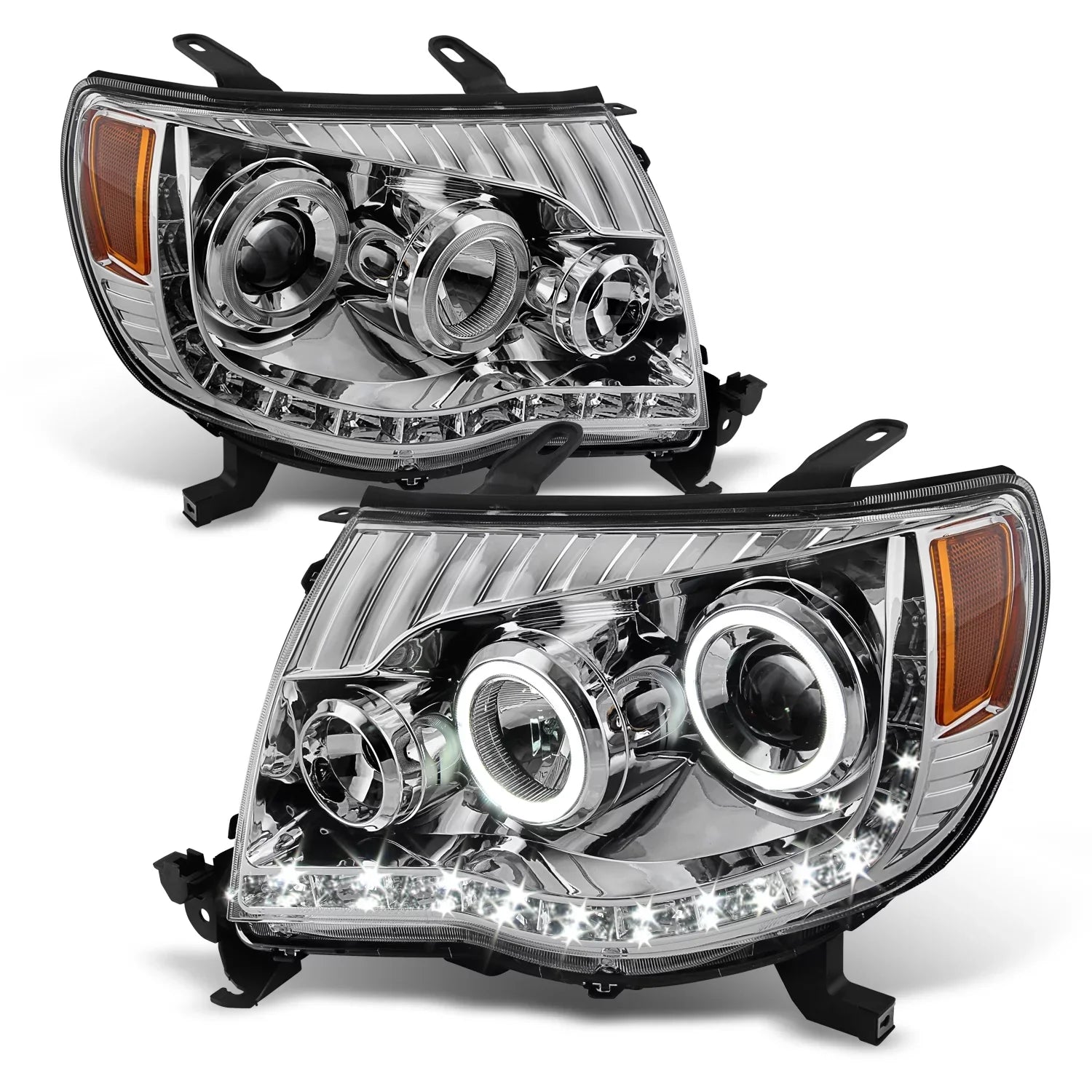 AKKON - For Toyota Tacoma Chrome Clear Halo Ring DRL Daylight LED Projector Headlights Replacement Pair
