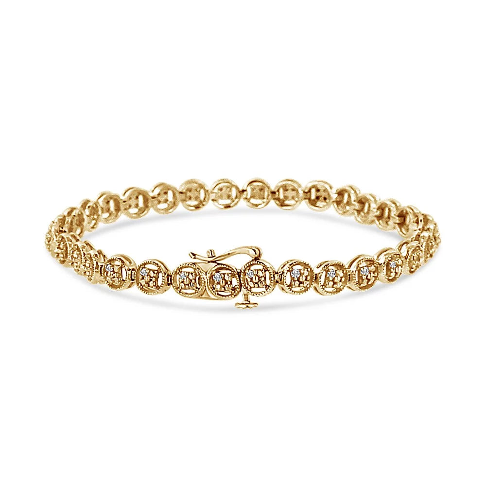 14K Yellow Gold Plated .925 Sterling Silver 1/10 Cttw Diamond Open Circle Wheel Link 7" Tennis Bracelet (I-J Color, I2-I3 Clarity)