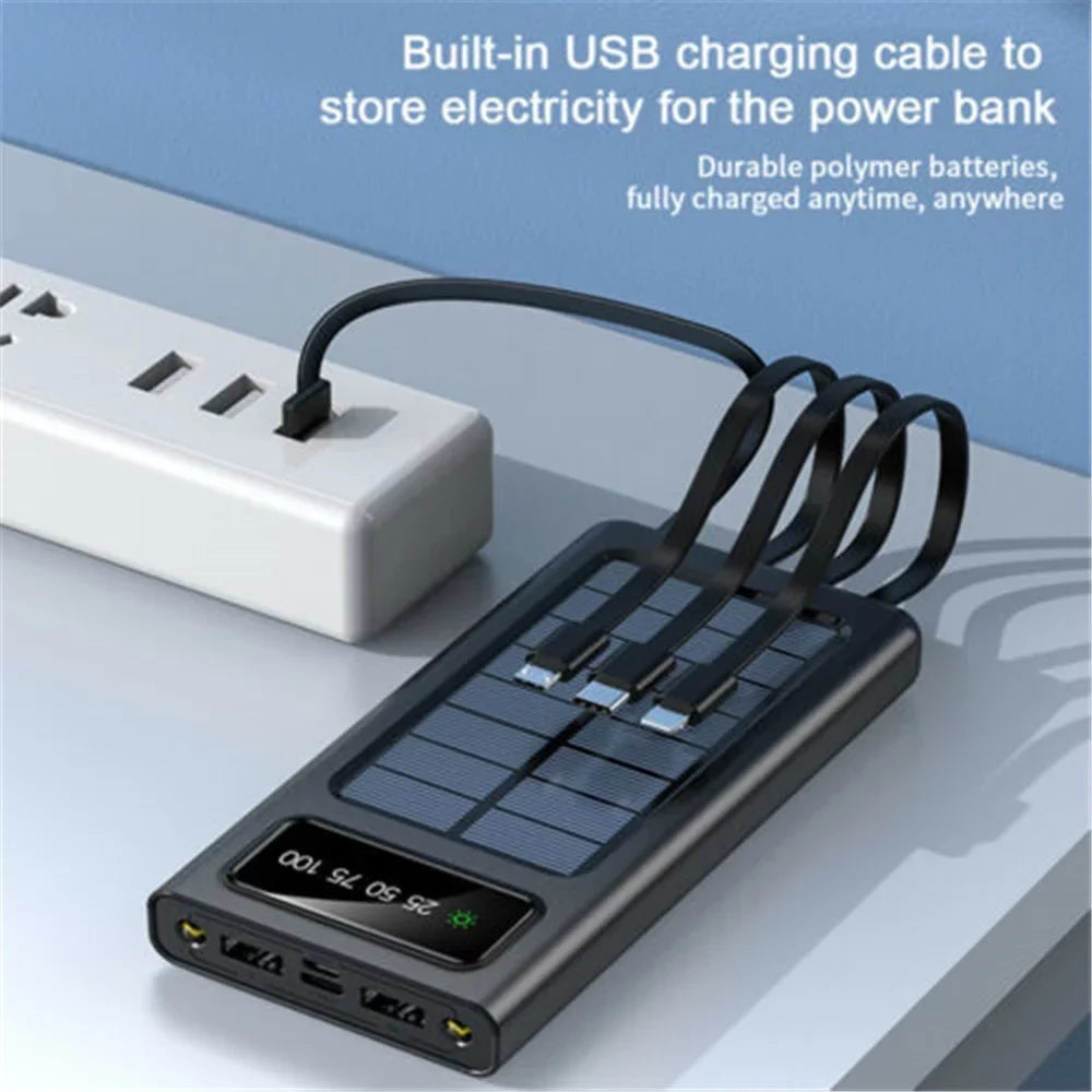 Solar-Charger-Power-Bank - Portable Charger,20000mAh 4 Qi Charger Solar Panel Built-in 3 Kinds Output Cable and LED Flashlights
