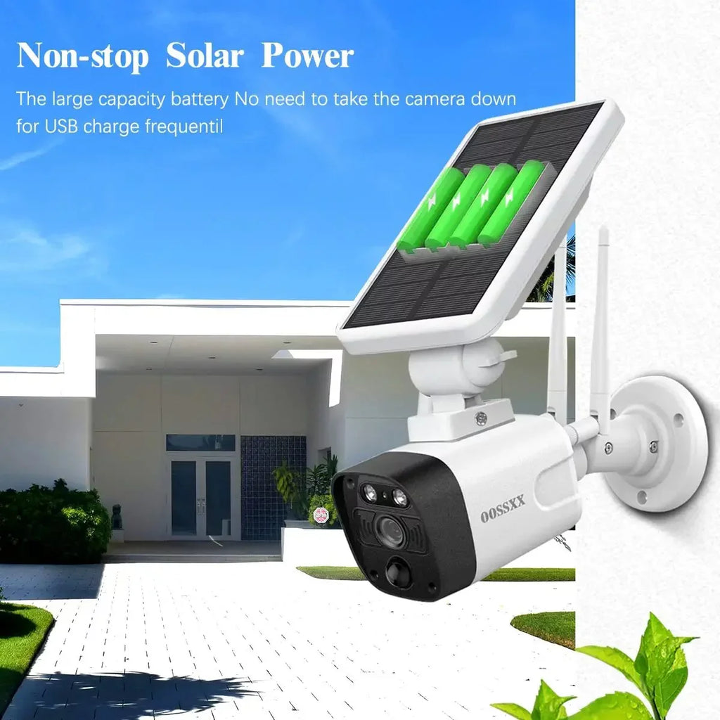 {100% Wire-Free Solar Powered} 2pcs camera system, 2-Way Audio with Antennas, 2K 3.0MP Solar Powered Wireless Camera with Rechargeable Batteries