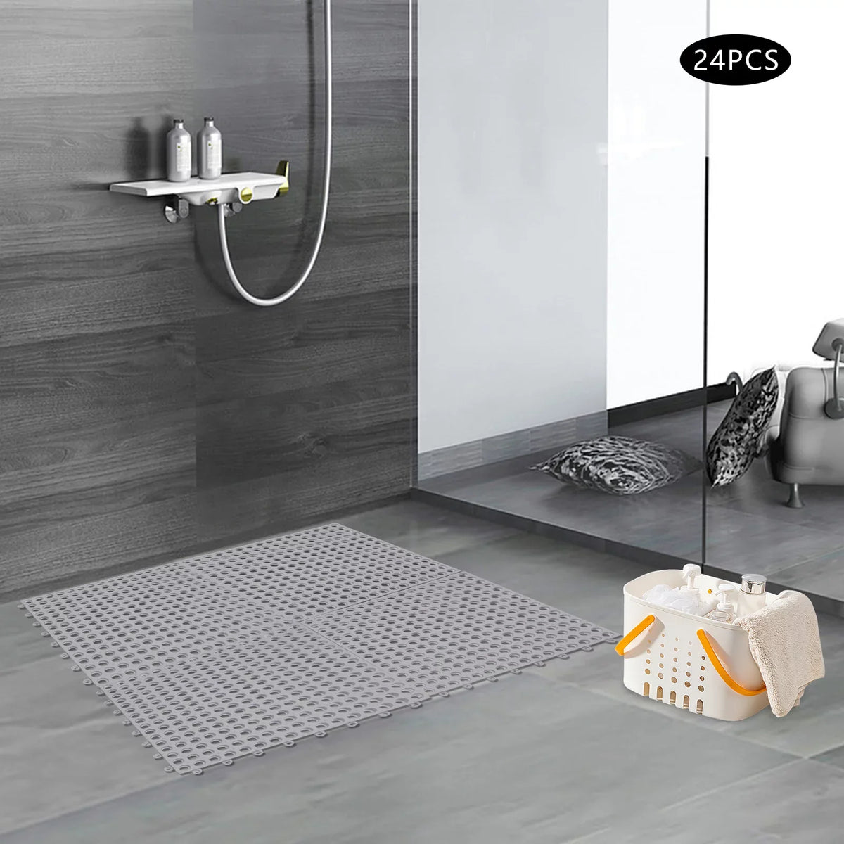 24PCs 11.8*11.8" Interlocking Nonslip Bath Mat,Soft Gray PVC Shower Floor Mat with Drainage Holes for Bathroom, Kitchen, Pool