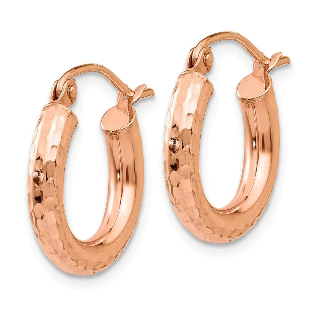 Real 14kt Rose Gold Polished Lightweight Small Diamond-cut Tube Hoop Earrings; for Adults and Teens; for Women and Men