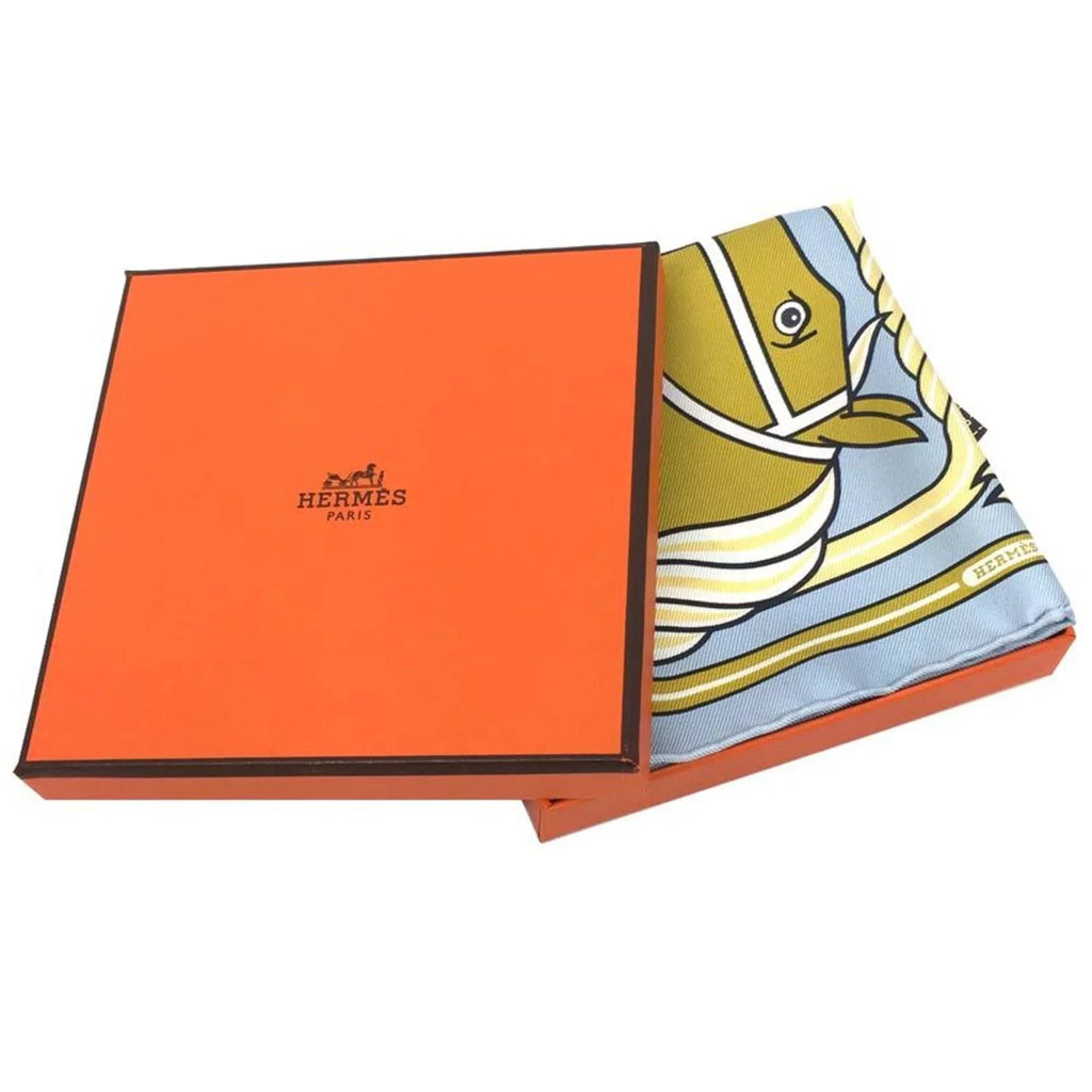 Pre-Owned HERMES CARRE NANO Quadrige Horse 331061S Karenna Kare 20 Nano Scarf Muffler Blue Ciel/Gold/Blue Jean 100% Silk Hermes (Like New)